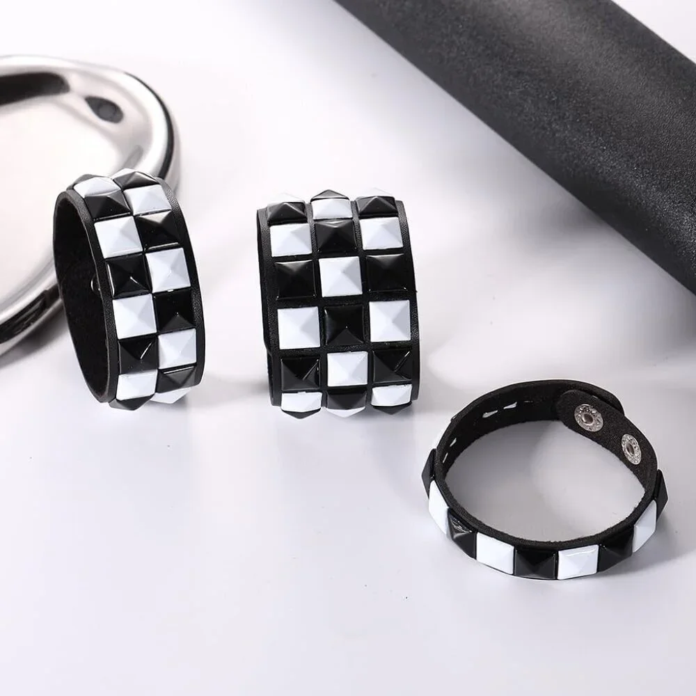 3 Piece Faux Leather Punk Bracelets Black White Checkered Studded Adjustable